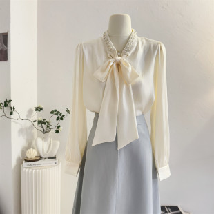 法式 2026春季 温柔气质飘带衬衣垂感 女长袖 钉珠系带蝴蝶结缎面衬衫