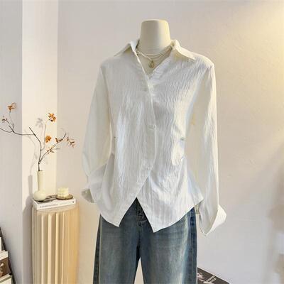 蕾丝拼接法式系带收腰长袖衬衫女