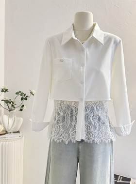 白色蕾丝拼接长袖衬衫女2026春设计感小众气质通勤衬衣假两件上衣
