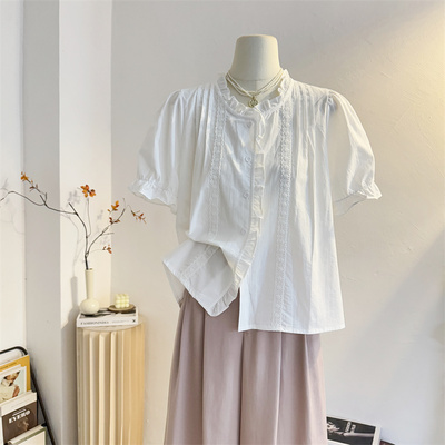 宽松法式甜美圆领泡泡短袖衬衫女