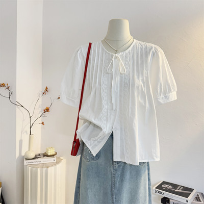 宽松法式系带圆领泡泡短袖衬衫女