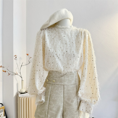 宽松气质长袖雪纺流苏亮片衬衫