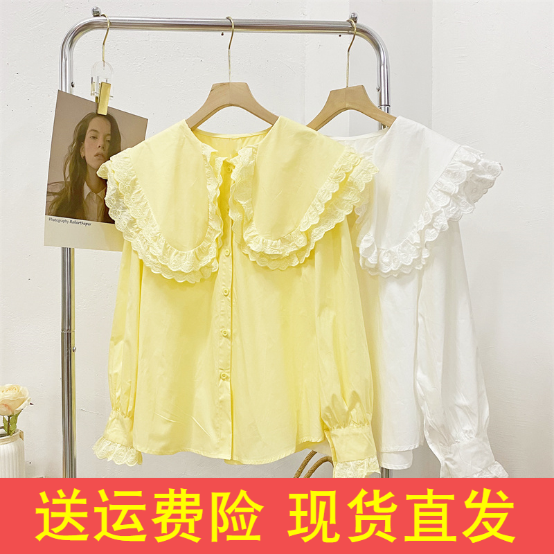 学院风蕾丝花边娃娃领衬衫女春季韩版宽松设计感荷叶边长袖上衣潮