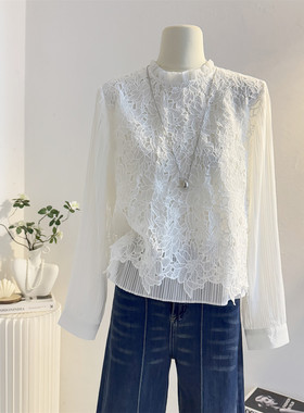 白色木耳立领长袖衬衫女2026春季刺绣钩花套头蕾丝雪纺小衫上衣白