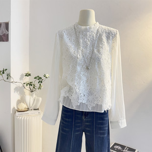 刺绣钩花套头蕾丝雪纺小衫 女2026春季 上衣白 衬衫 白色木耳立领长袖