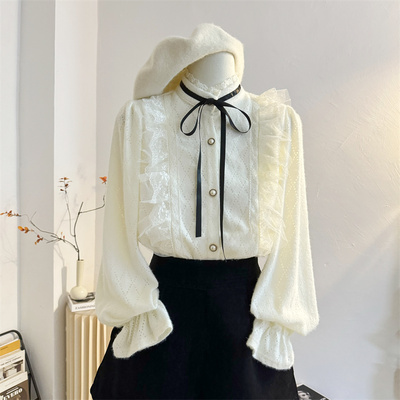 气质长袖蕾丝花边立领衬衫荷叶边