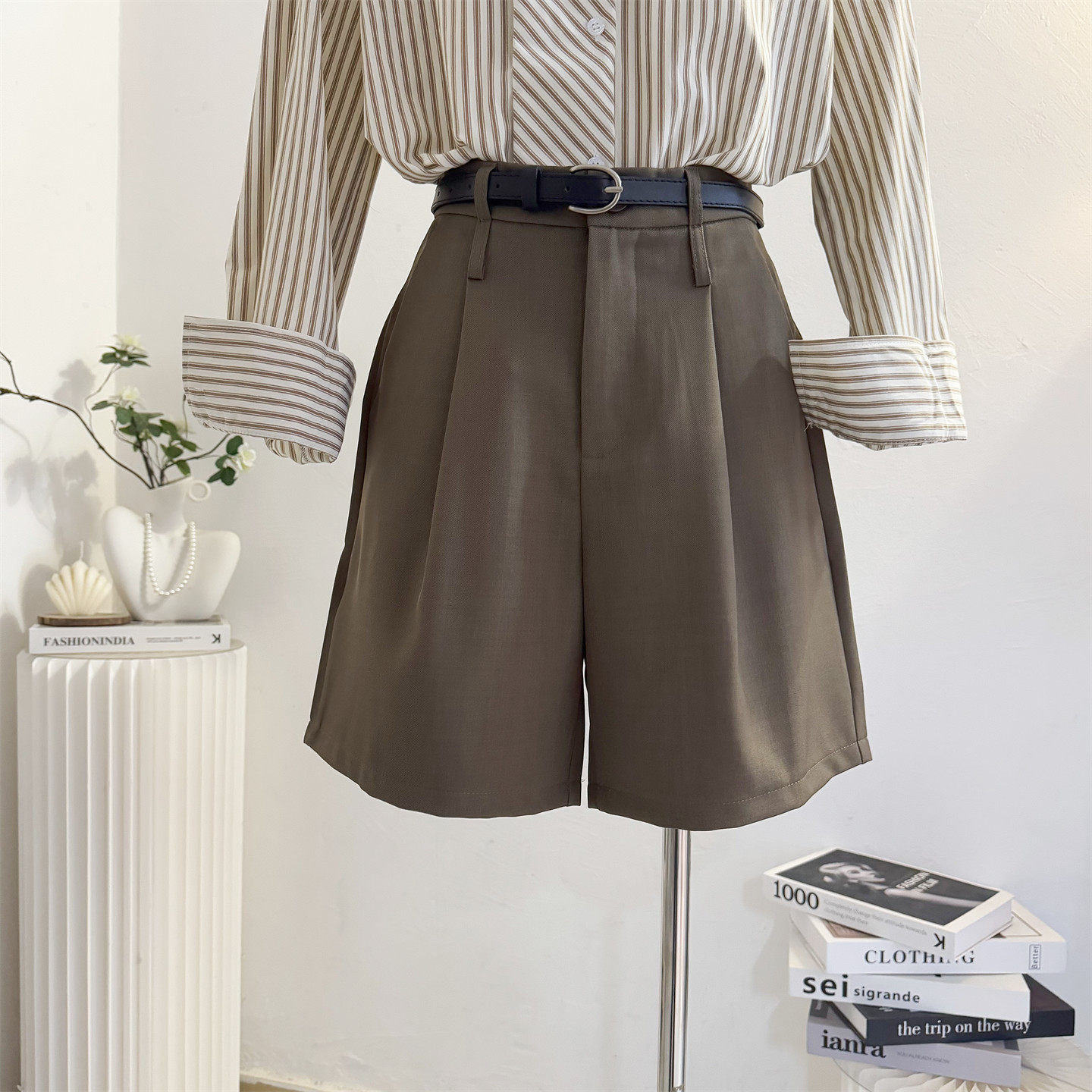 西装短裤女2026春夏高腰直筒宽松a字阔腿裤休闲气质五分裤配腰带,女装/女士精品,休闲裤,淘宝优惠券,粉丝福利购,淘宝优惠卷