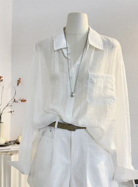 肌理感白色条纹防晒衬衫女长袖2025夏宽松慵懒风薄款衬衣开衫外搭