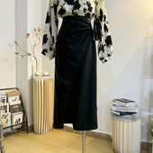 黑色皮裙半身裙女2025秋季 褶皱设计感高腰包臀开叉PU皮裙子 中长款