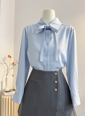 蓝色飘带蝴蝶结衬衫女2025春季长袖气质通勤衬衣职业面试垂感上衣