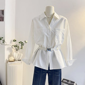 韩系气质V领白色衬衫 女长袖 2026春设计感双口袋气质通勤收腰衬衣