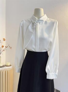 设计感法式立领飘带衬衫女长袖2025春季通勤气质衬衣垂感上衣白色