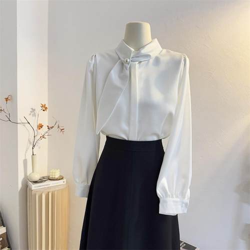 法式气质立领飘带缎面长袖衬衫女