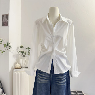 设计感气质通勤衬衣修身 2026春季 韩系上衣 女长袖 褶皱收腰白色衬衫
