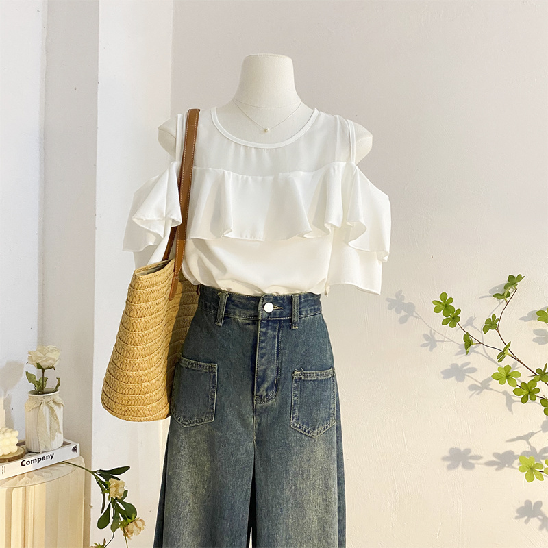 白色露肩雪纺衫减龄气质网纱拼接荷叶边短袖衬衫女夏洋气小衫上衣