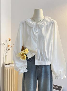 白色花边娃娃领长袖衬衫女2025春新款宽松短款减龄荷叶边韩系上衣