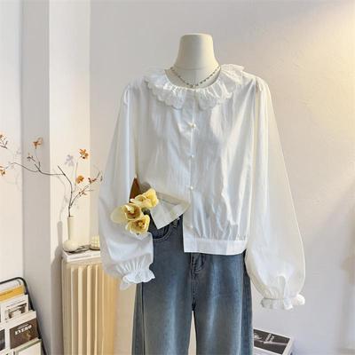 宽松短款花边圆领荷叶边长袖衬衫