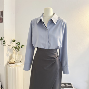 上衣 女2025秋宽松休闲气质通勤衬衣职业正装 蓝色简约翻领长袖 衬衫