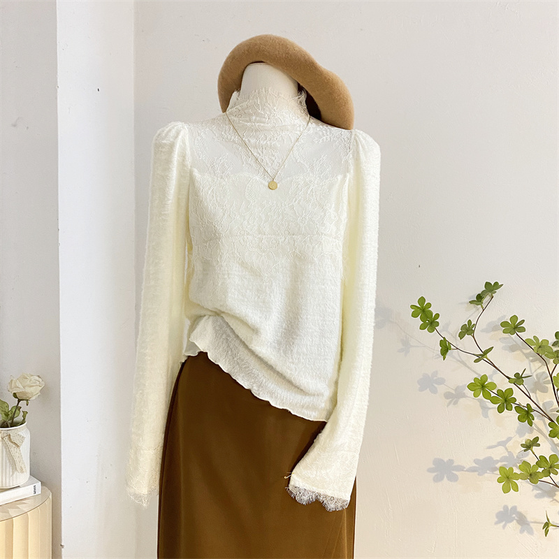 拼接设计感气质修身蕾丝衫半高领