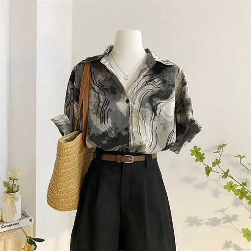 宽松港风短袖雪纺扎染印花衬衫女