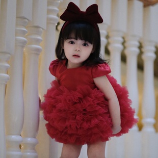 秋冬公主裙女童连衣裙女宝生日周岁礼服婚纱缎面走秀花童蓬蓬裙