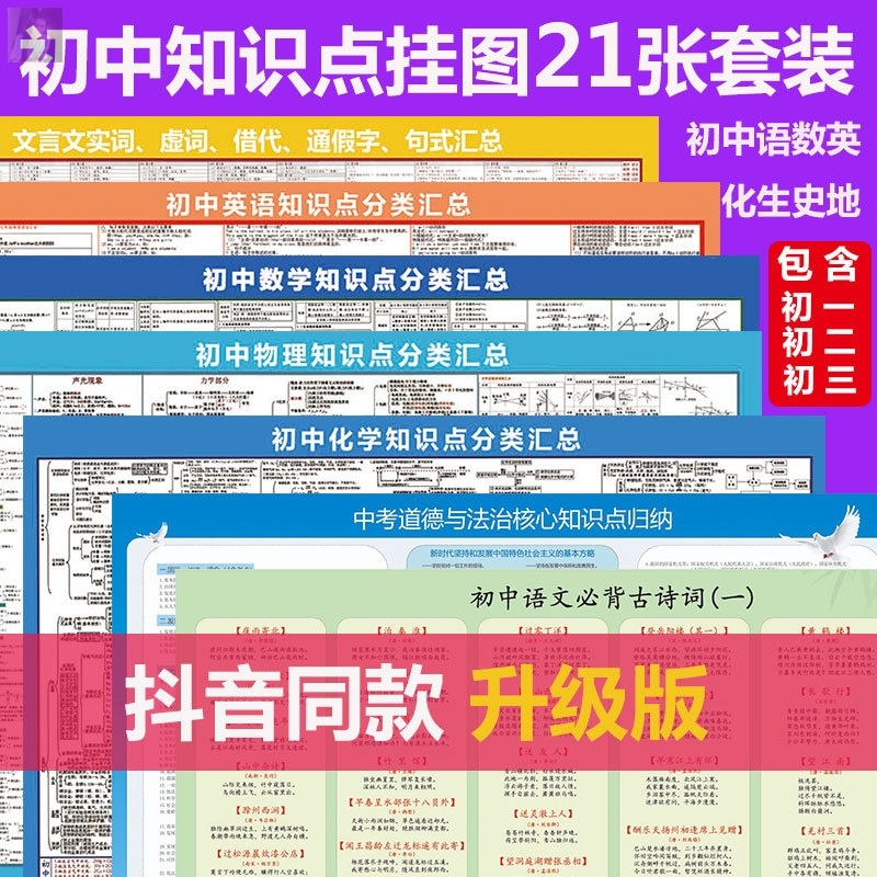 初中重点知识点汇总挂图人教版九科全套课本难点梳理初三中考套装