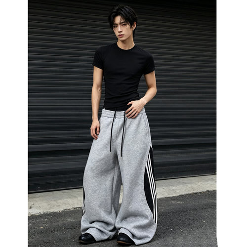 美式假两件双腰头卫裤男三条杠潮