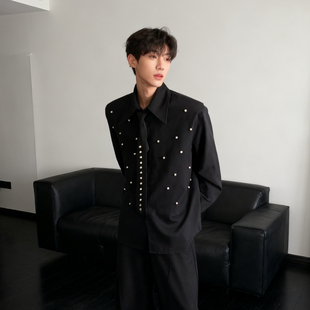He刺野/轻奢小众珍珠点垫肩衬衫男领带宽松开衫宽松内搭衬衫领带