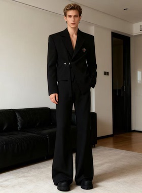 He刺野小众设计感西装短款男款垫肩百搭西服套装痞帅风西装外套