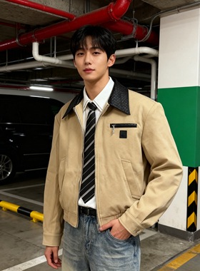 He刺野/巴恩拼皮夹克卡其外套男垫肩夹克毛呢拼接外套拉链上衣