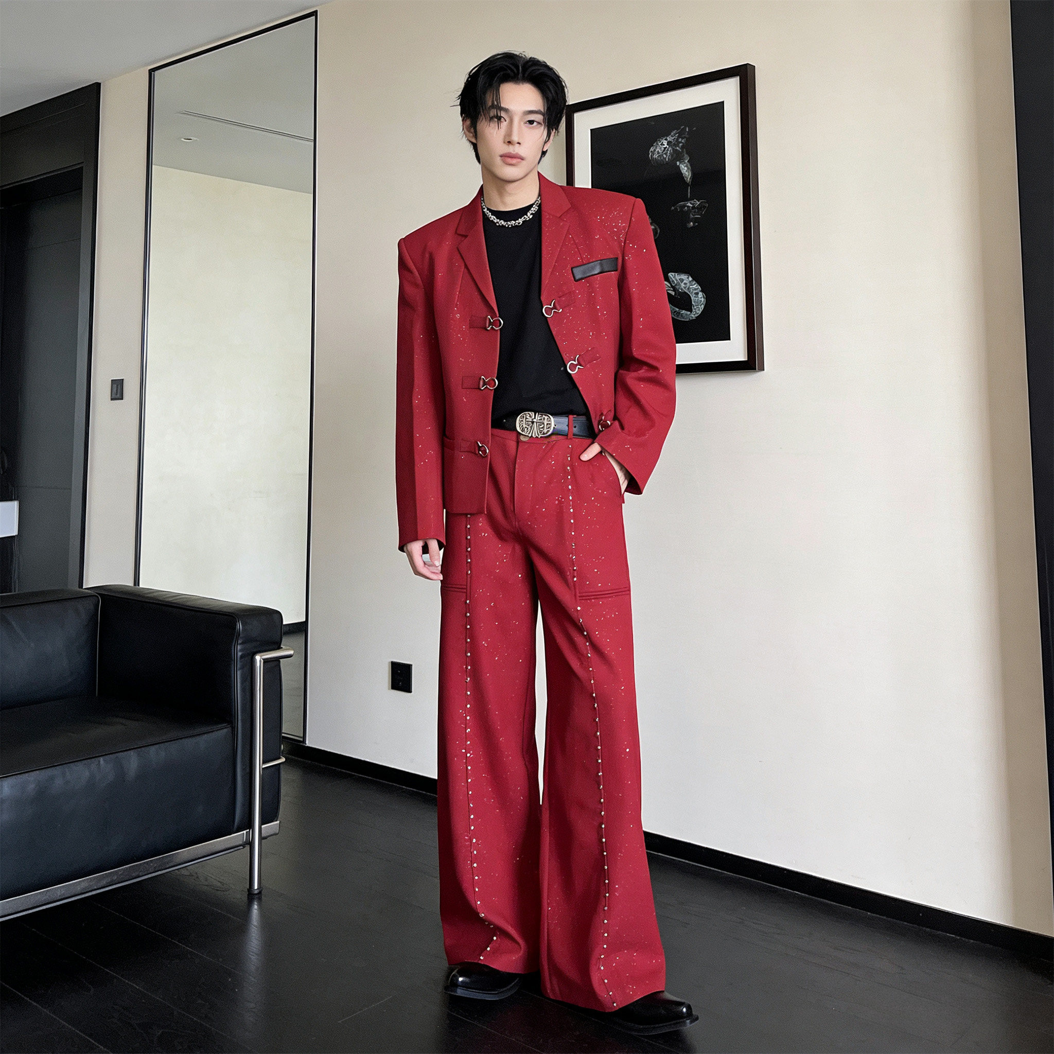 He刺野/轻奢满天星设计舞台演出红色西服外套男模高级感痞帅西服