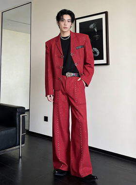 He刺野/轻奢满天星设计舞台演出红色西服外套男模高级感痞帅西服