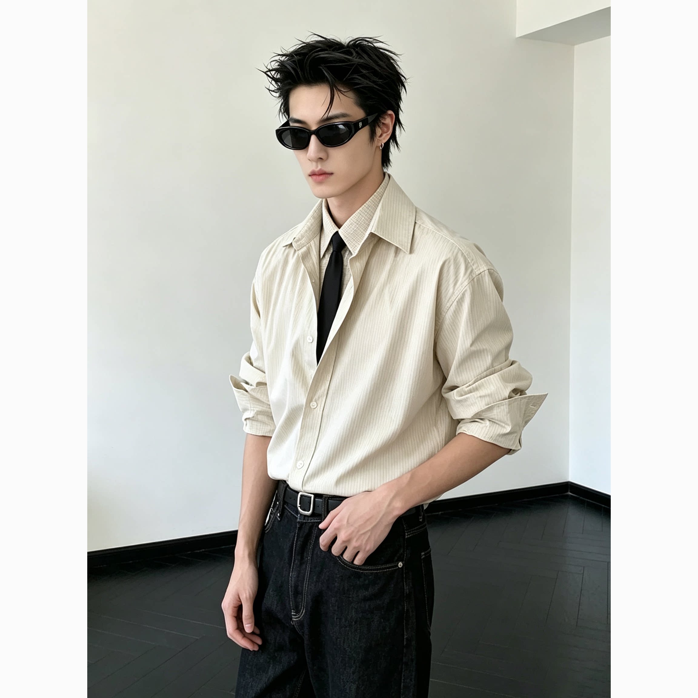 He刺野/轻奢简约假两件衬衫男2026新款设计感领带条纹长袖衬衣