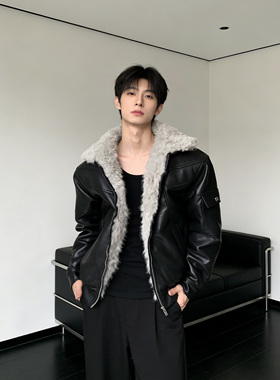 He刺野/高级感毛领黑色座山雕外套男机能皮衣夹克潮流炸街外套