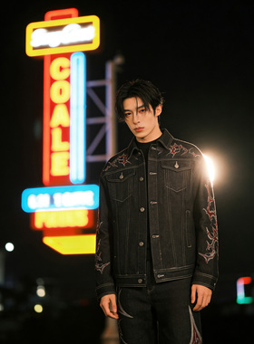 He刺野/美式火焰烫钻黑色牛仔外套夹克男百搭痞帅设计感短款外套