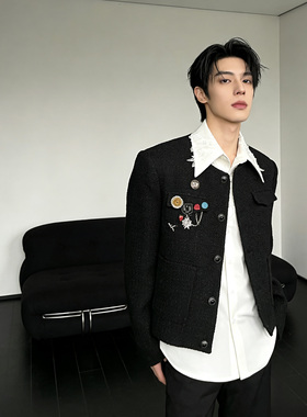 He刺野/春款轻奢设计黑色小香风外套男高级短款垫肩痞帅夹克外套