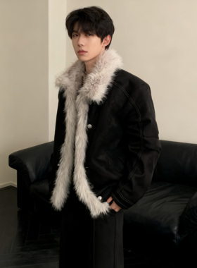 He刺野/冬季做旧一体痞帅毛领棉衣男炸街加厚保暖座山雕棉服外套