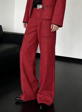 He刺野/轻奢满天星舞台演出红色套装西装外套西裤宽松阔腿长裤潮