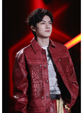 He刺野/红色皮衣夹克血月之夜蜘蛛网春皮衣外套正肩夹克明星同款