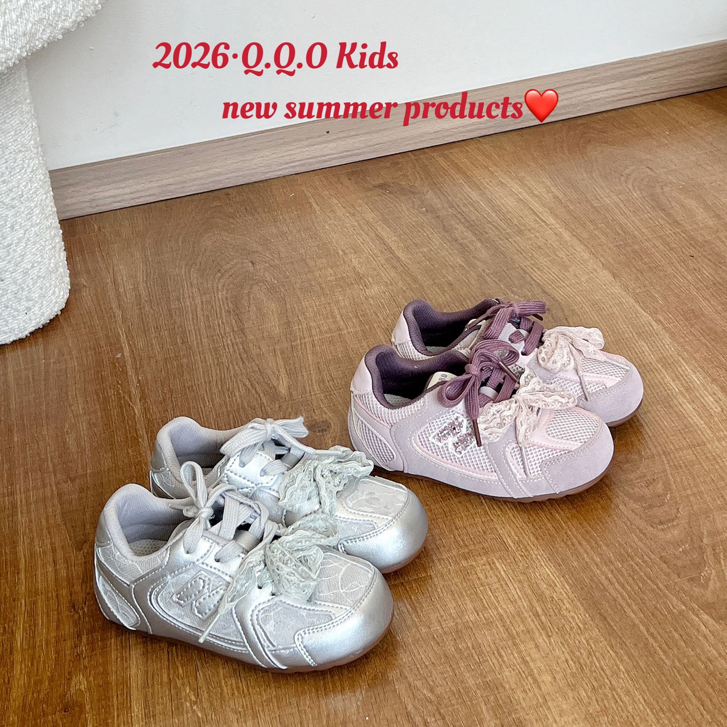 QQO童鞋 2026春季新款女童蕾丝鞋带德训鞋韩版儿童软底运动休闲鞋