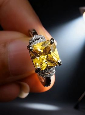 欧美饰品粉钻黄钻正方形戒指女高级感简单大气高碳指