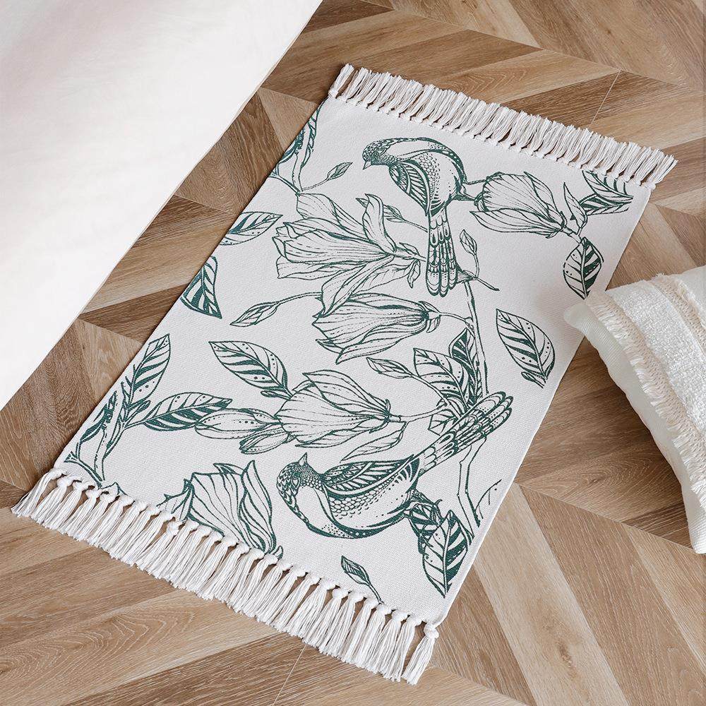 北欧轻奢棉线编织地垫布艺印花流苏地垫家用客厅卧室床边脚垫地毯