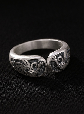 泰银做旧复古饰品 S990足银双凤凰戒指 开口民族风指环女=