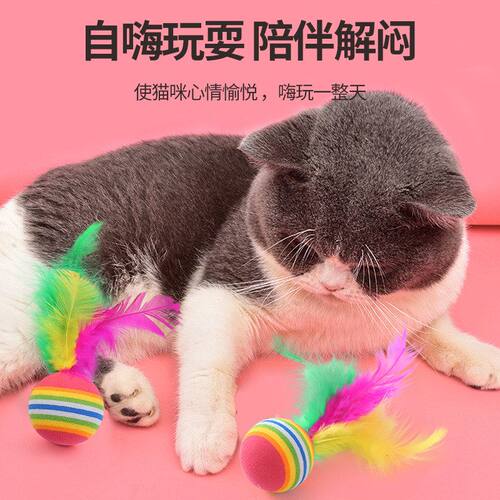 宠物用品工厂批发EVA彩虹带羽毛发泡实心球玩具自嗨解闷猫咪玩具