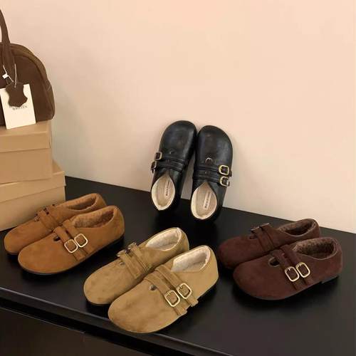 香港复古双皮带扣加绒勃肯鞋女冬季2025新款一脚蹬乐福鞋玛丽珍鞋