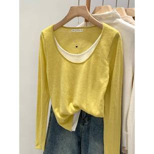 韩国撞色假两件针织打底衫女秋冬2025新款长袖内搭宽松高级感上衣