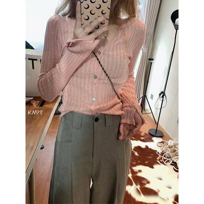 韩国2025春秋新款粉色v领长袖针织开衫女修身显瘦打底衫外搭上衣