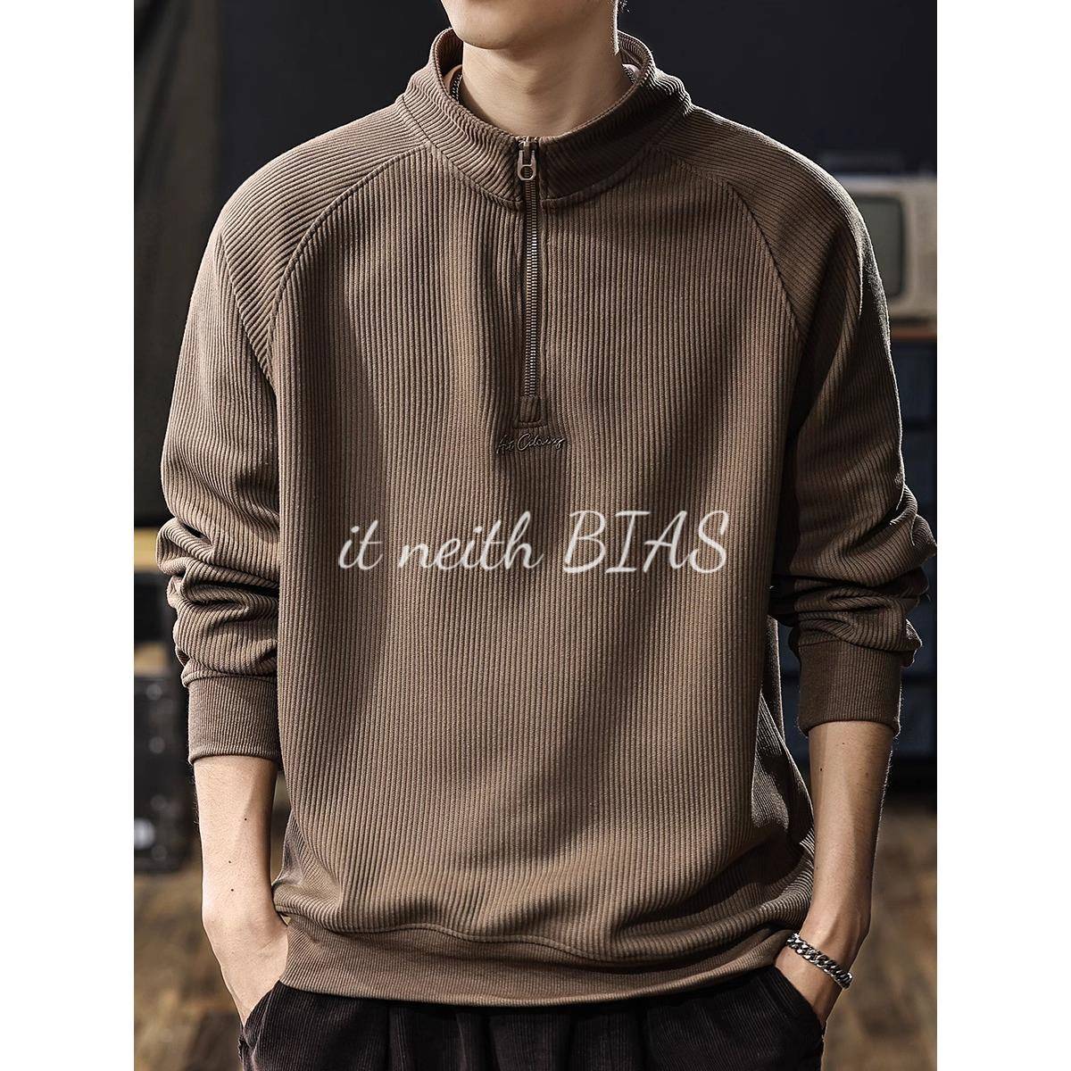 it neith BIAS美式覆古重磅加绒卫衣男2025秋冬新款半拉炼针织衫