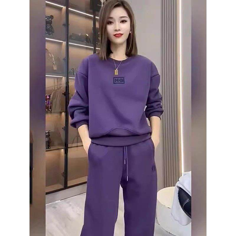 紫色卫衣运动套装女2025春秋冬加绒圆领长袖上衣休闲束脚裤两件套,女装/女士精品,时尚套装,淘宝优惠券,粉丝福利购,淘宝优惠卷