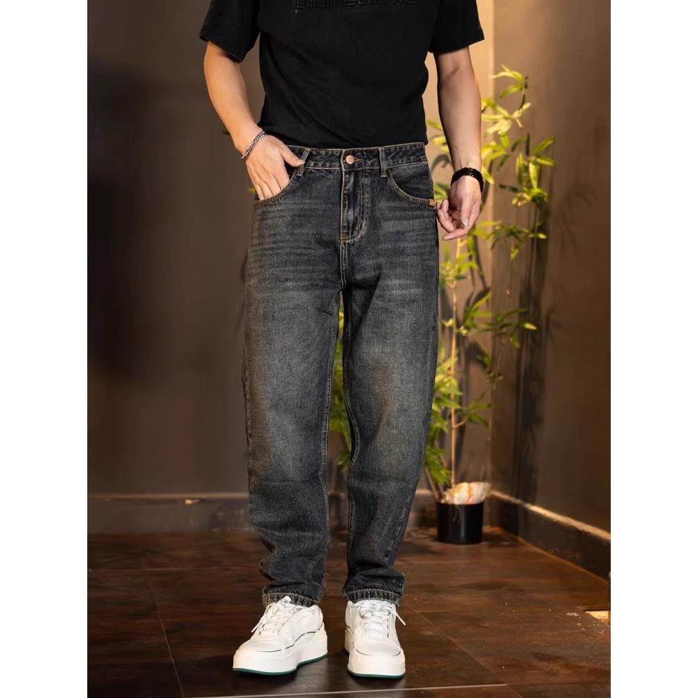 GM新潮 深蓝色宽松微锥牛仔裤男士秋冬新款加绒加厚简约直筒裤子